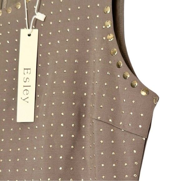 Esley Mini Bodycon Dress Size M NWT Taupe Gold Studded Sleeveless Party Rocker - Picture 2 of 8